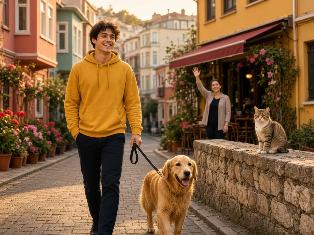 Mahalle sokağında golden retriever'ını gezdiren genç, el sallayan komşu ve duvarda oturan tekir kedi