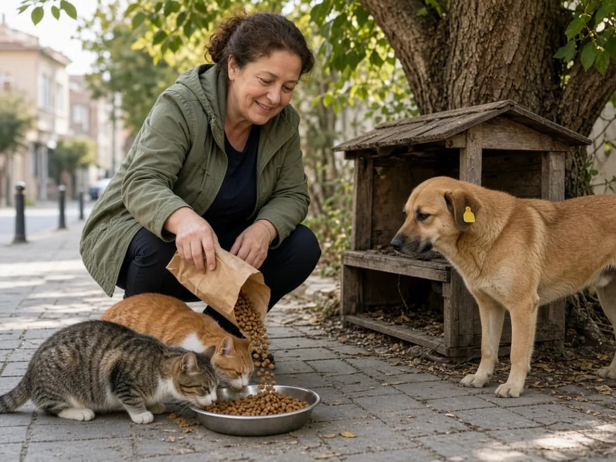 Besleme noktasında sokak köpeklerine mama koyan gönüllü