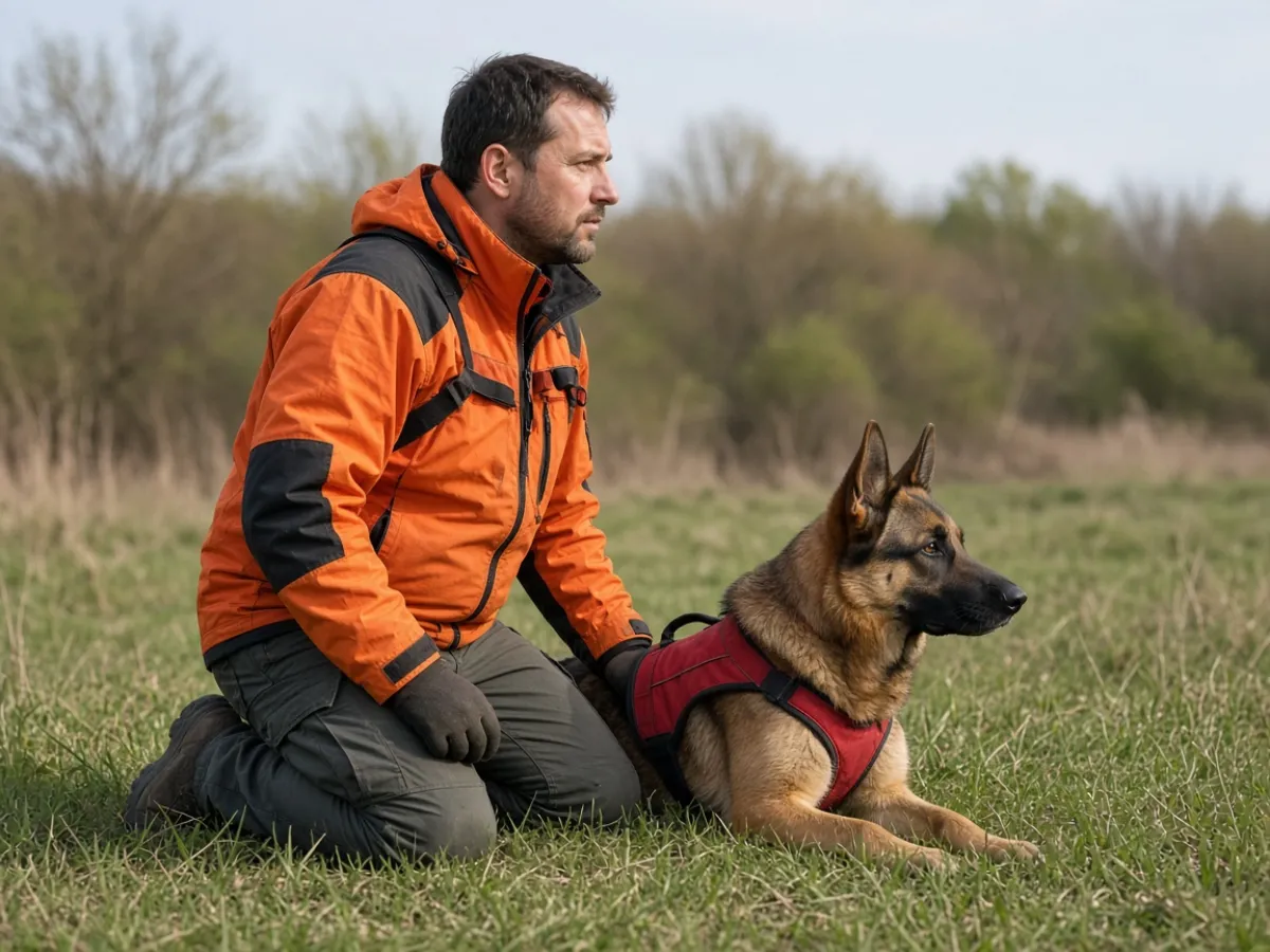 Yelekli arama kurtarma köpeği ve eğitmeni